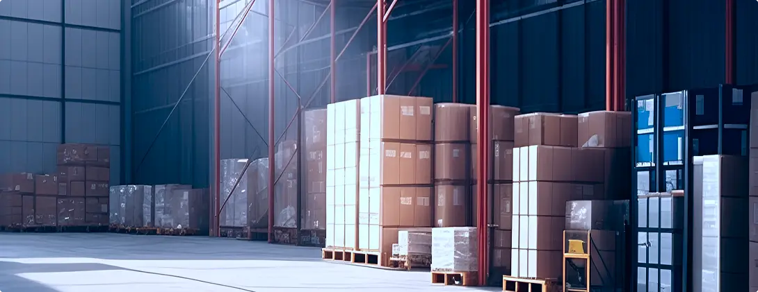 Warehouse with stacked boxes